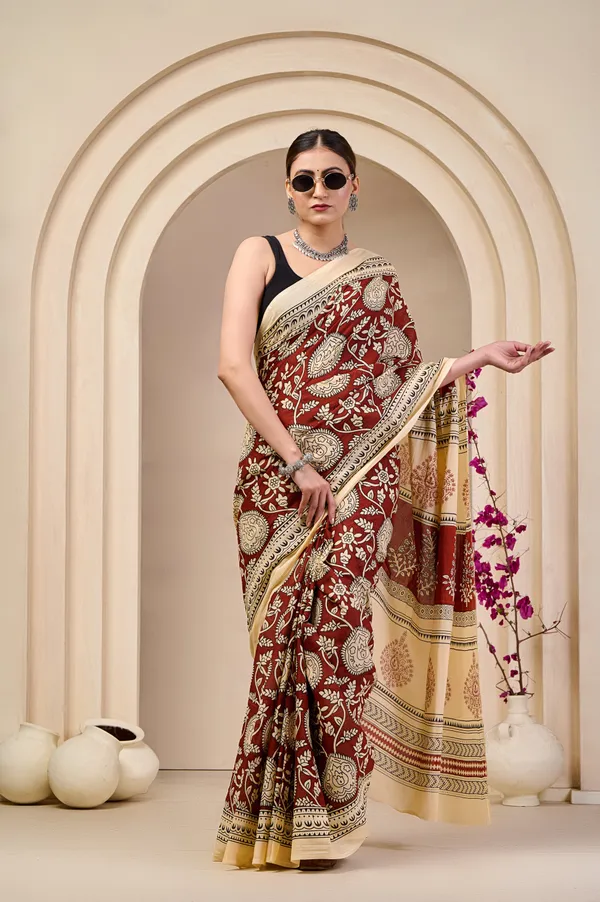 Royal_Maroon_Floral_Printed_Cotton_Saree_with_Beige_Border_|_Designer_Traditional_Ethnic_Saree_for_Women