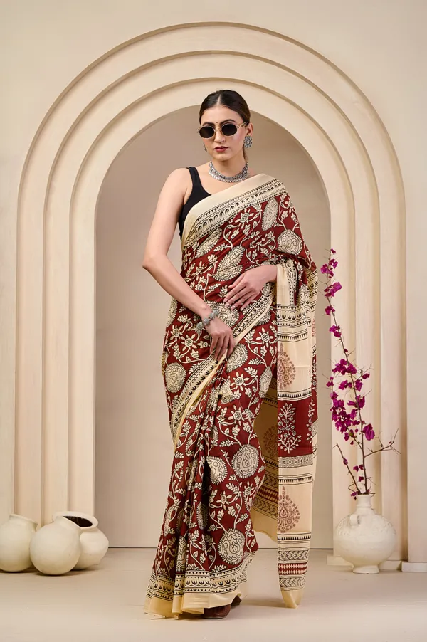 Royal_Maroon_Floral_Printed_Cotton_Saree_with_Beige_Border_|_Designer_Traditional_Ethnic_Saree_for_Women