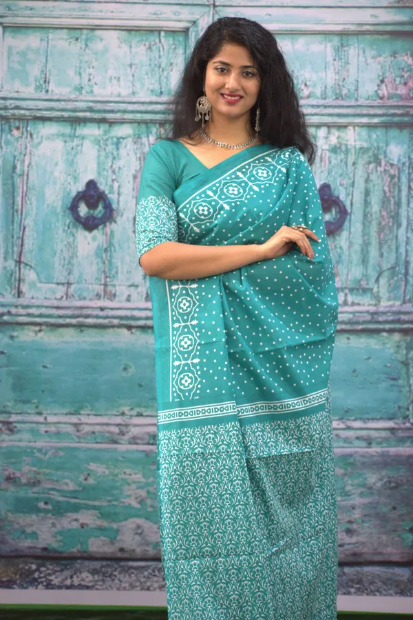 Sea_Green_Elegant_Printed_Mulmul_Cotton_Saree_with_Designer_Border