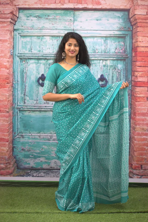 Sea_Green_Elegant_Printed_Mulmul_Cotton_Saree_with_Designer_Border