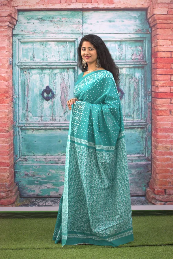 Sea_Green_Elegant_Printed_Mulmul_Cotton_Saree_with_Designer_Border