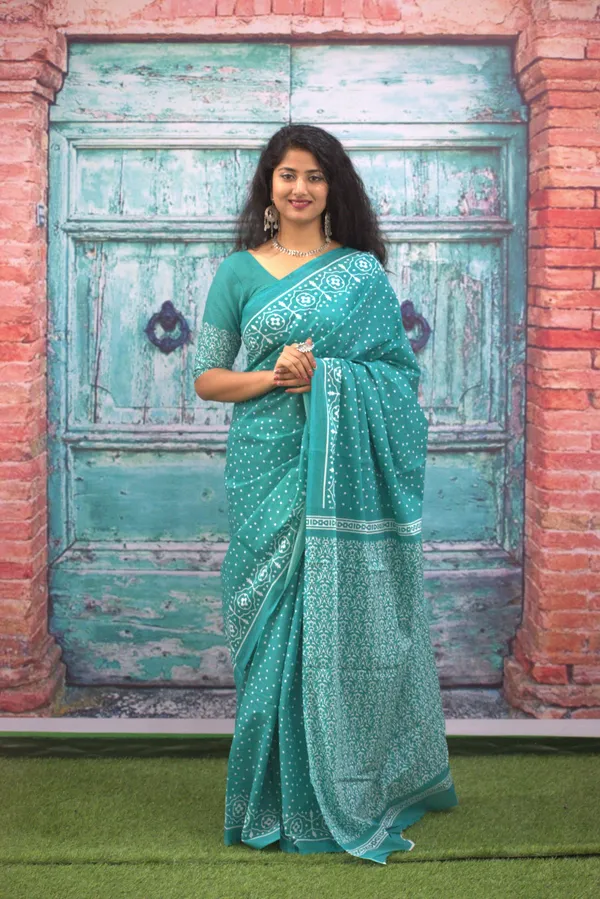 Sea_Green_Elegant_Printed_Mulmul_Cotton_Saree_with_Designer_Border
