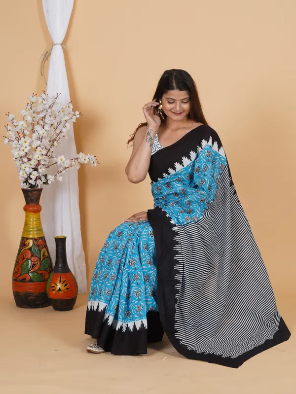 Sky_Blue_Floral_Block_Print_Cotton_Saree_with_Black_Border