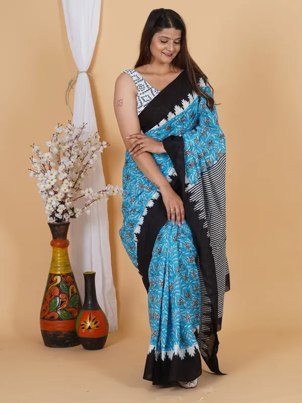 Sky_Blue_Floral_Block_Print_Cotton_Saree_with_Black_Border