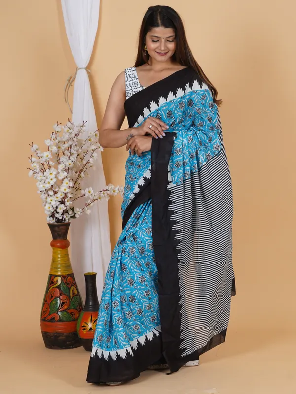 Sky_Blue_Floral_Block_Print_Cotton_Saree_with_Black_Border
