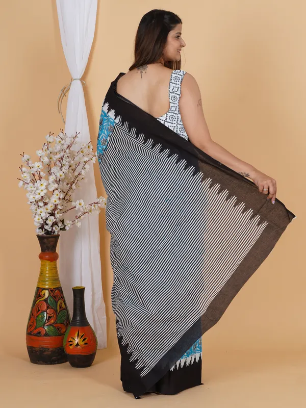 Sky_Blue_Floral_Block_Print_Cotton_Saree_with_Black_Border
