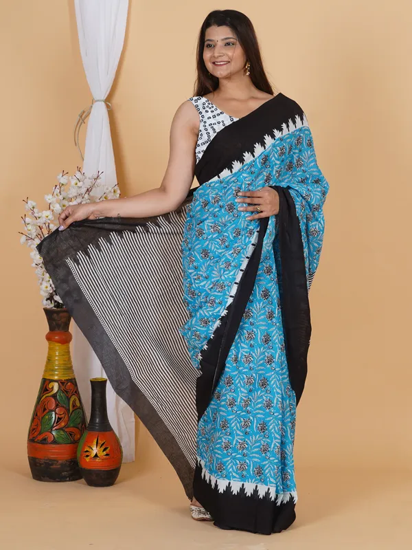Sky_Blue_Floral_Block_Print_Cotton_Saree_with_Black_Border