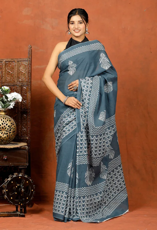 Slate_Grey_Handblock_Style_Buta_Print_Cotton_Saree_with_Geometric_Borders_|_Softspun_Fabrics