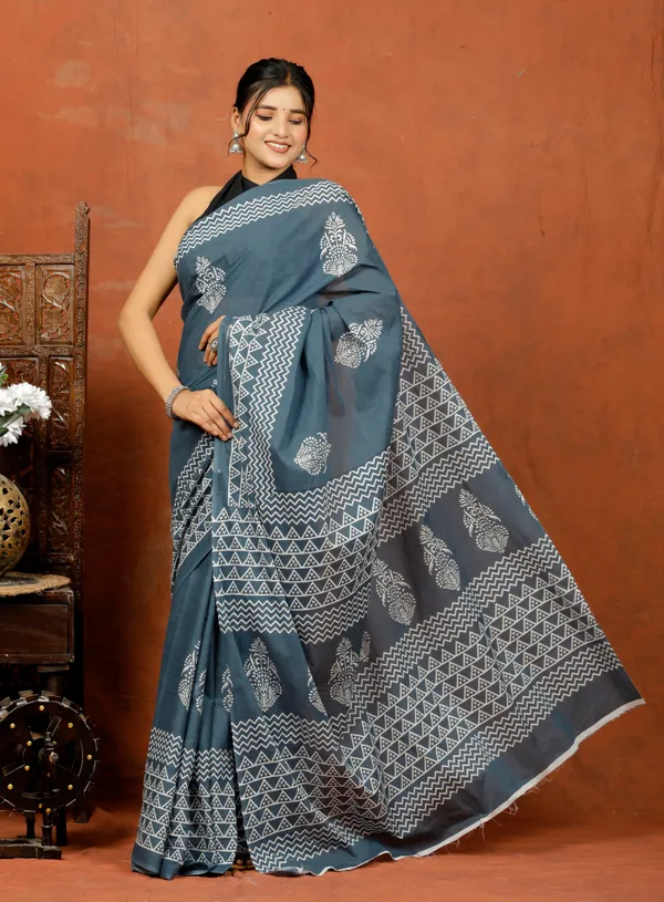 Slate_Grey_Handblock_Style_Buta_Print_Cotton_Saree_with_Geometric_Borders_|_Softspun_Fabrics