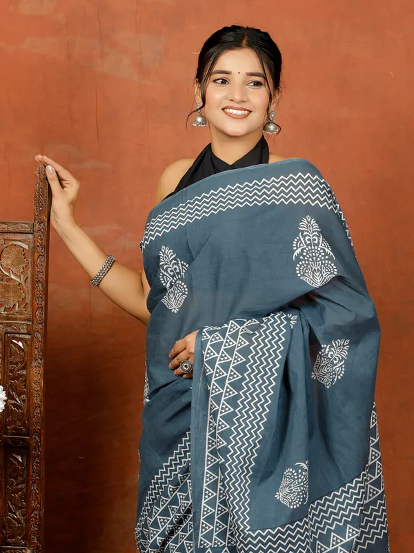 Slate_Grey_Handblock_Style_Buta_Print_Cotton_Saree_with_Geometric_Borders_|_Softspun_Fabrics