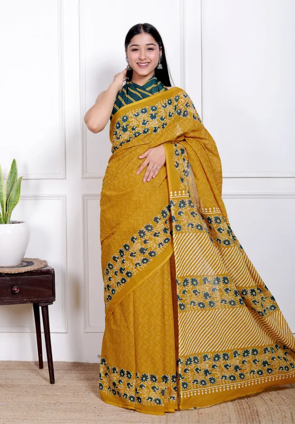 Soft_Mulmul_Cotton_Mustard_Yellow_Floral_Printed_Saree_with_Designer_Pallu