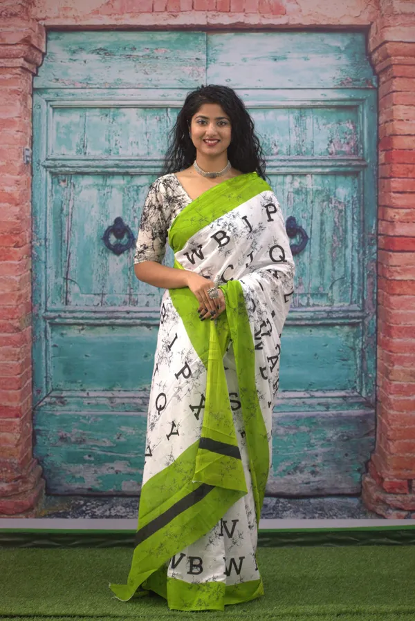 Stylish_White_&_Green_Alphabet_Print_Saree