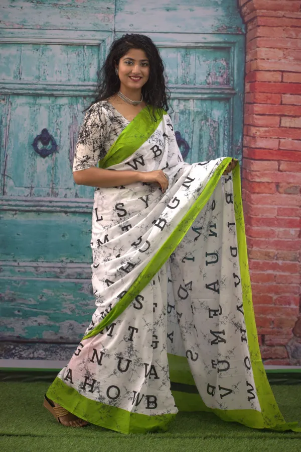 Stylish_White_&_Green_Alphabet_Print_Saree