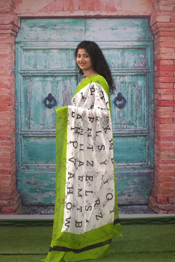 Stylish_White_&_Green_Alphabet_Print_Saree