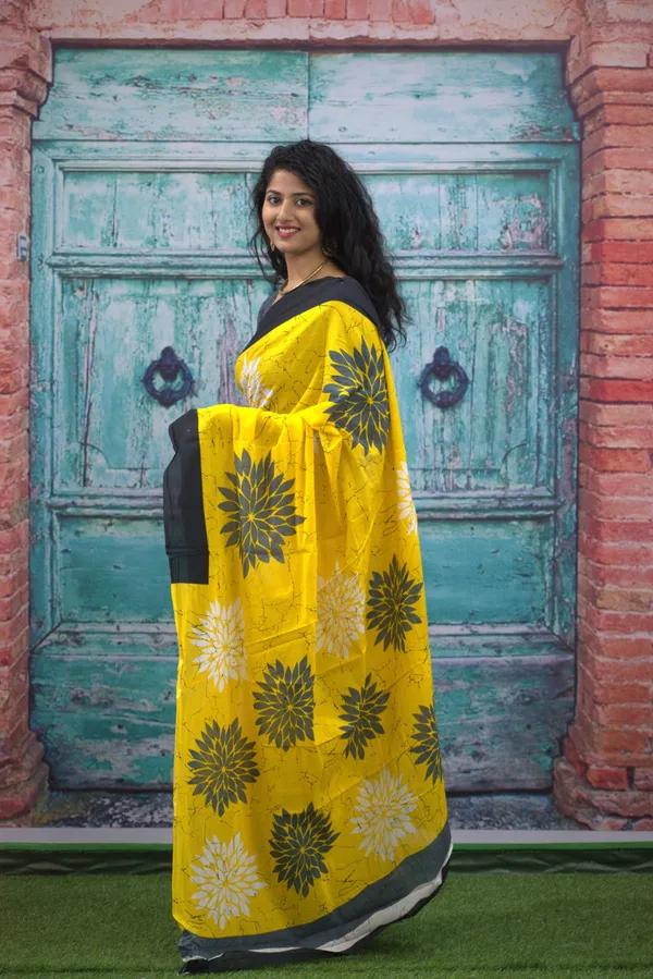 Sunshine_Yellow_Floral_Print_Mulmul_Cotton_Saree_with_Black_Contrast_Border