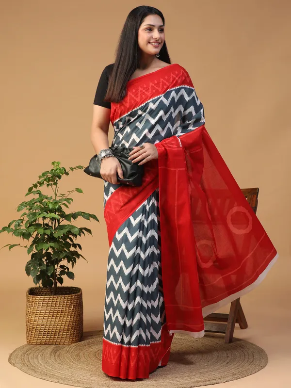 Vibrant_Crimson_Red_Handblock_Ajrakh_Print_Cotton_Saree_with_Elegant_Pallu_|_Softspun_Fabrics