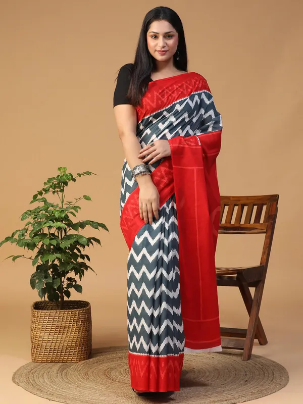 Vibrant_Crimson_Red_Handblock_Ajrakh_Print_Cotton_Saree_with_Elegant_Pallu_|_Softspun_Fabrics