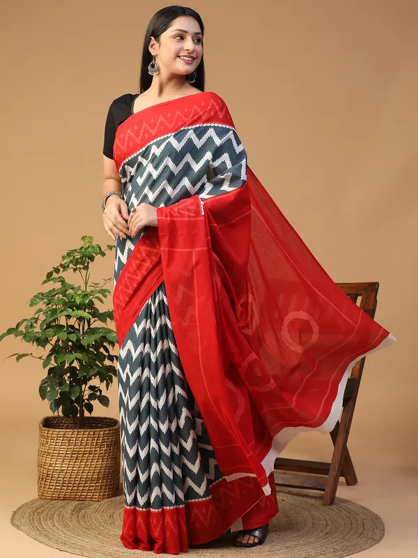Vibrant_Crimson_Red_Handblock_Ajrakh_Print_Cotton_Saree_with_Elegant_Pallu_|_Softspun_Fabrics