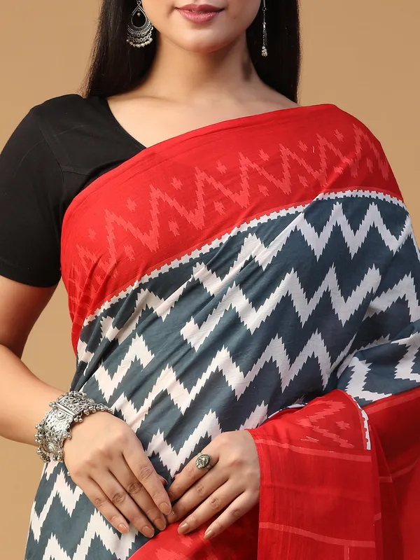 Vibrant_Crimson_Red_Handblock_Ajrakh_Print_Cotton_Saree_with_Elegant_Pallu_|_Softspun_Fabrics