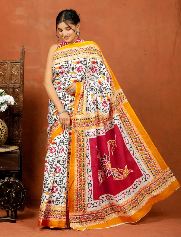 White_Floral_Hand_Block_Printed_Cotton_Saree_with_Yellow_Border_–_Soft_Ethnic_Cotton_Saree_for_Women