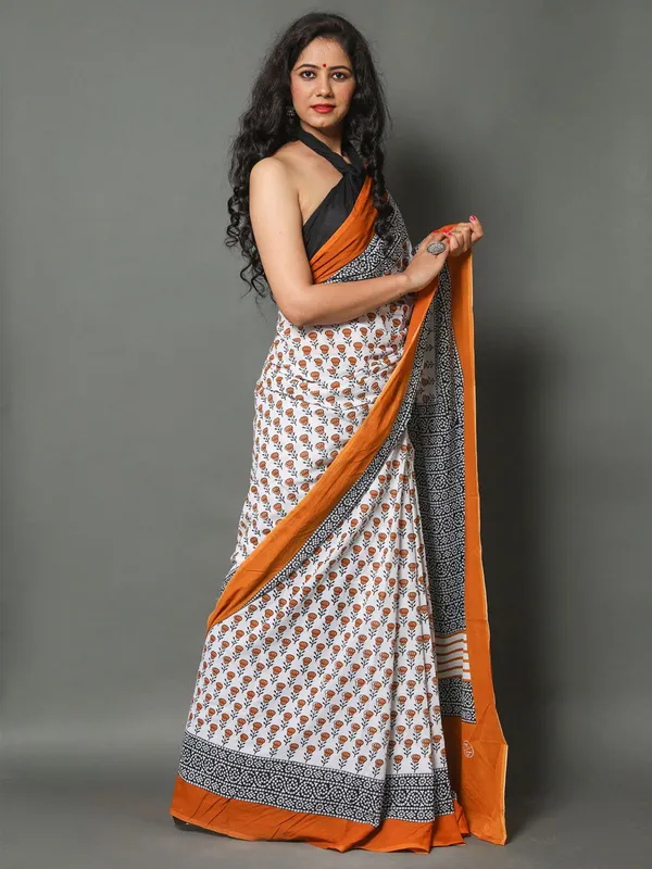 White_&_Mustard_Floral_Hand_Block_Printed_Cotton_Saree_–_Elegant_Soft_Cotton_Ethnic_Saree_for_Women