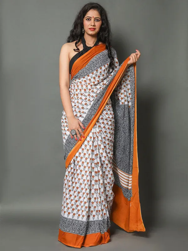 White_&_Mustard_Floral_Hand_Block_Printed_Cotton_Saree_–_Elegant_Soft_Cotton_Ethnic_Saree_for_Women