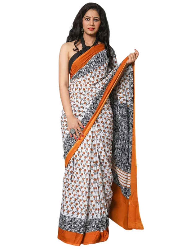 White_&_Mustard_Floral_Hand_Block_Printed_Cotton_Saree_–_Elegant_Soft_Cotton_Ethnic_Saree_for_Women