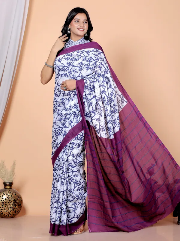 White_&_Purple_Hand_Block_Printed_Cotton_Saree_–_Elegant_Soft_Cotton_Ethnic_Saree_for_Women