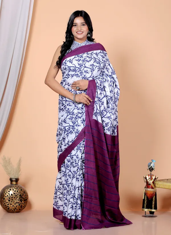 White_&_Purple_Hand_Block_Printed_Cotton_Saree_–_Elegant_Soft_Cotton_Ethnic_Saree_for_Women