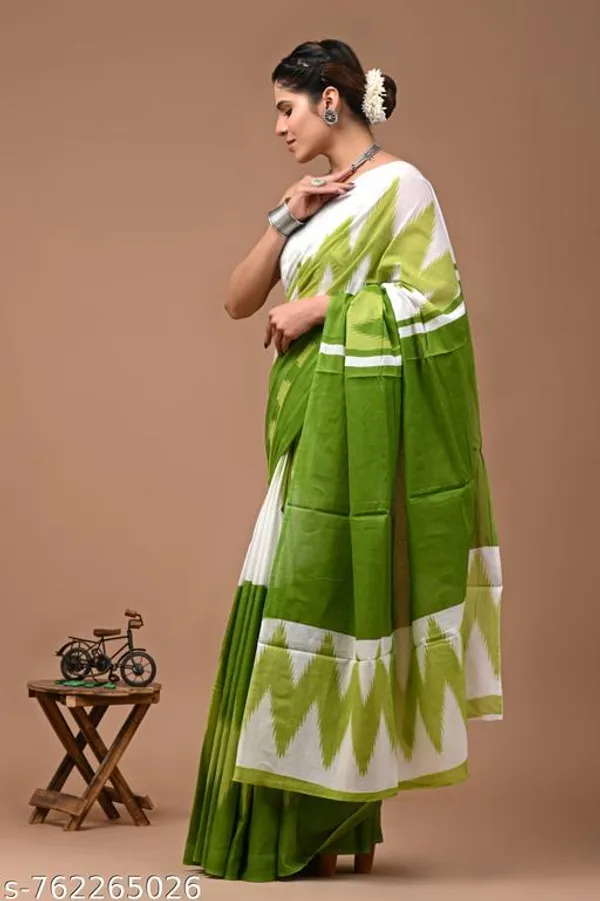 White_Green_Cotton_Saree_For_Women