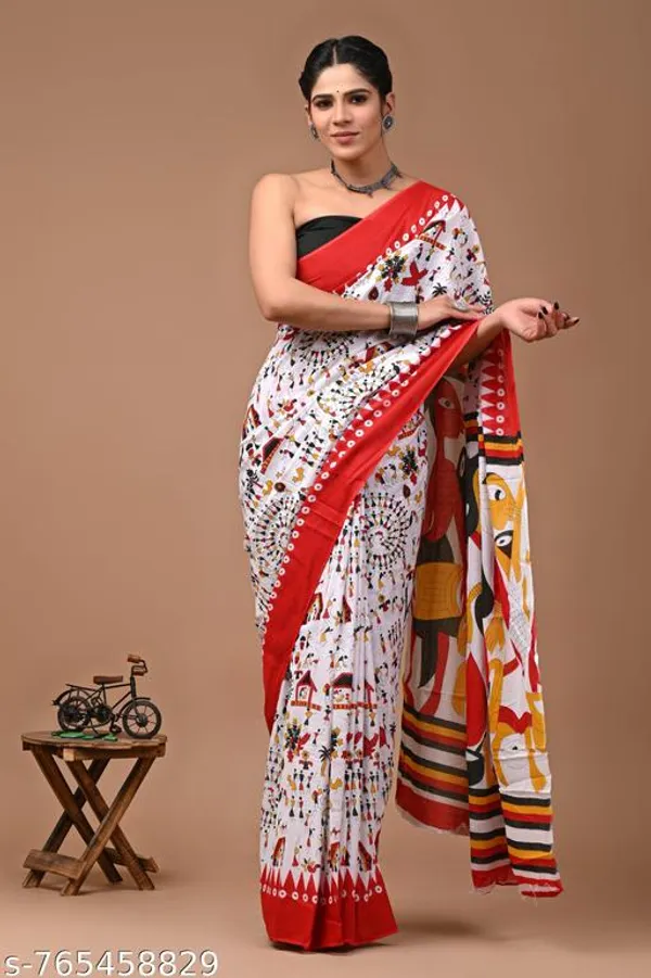 White_Orange_Cotton_Saree_For_Women