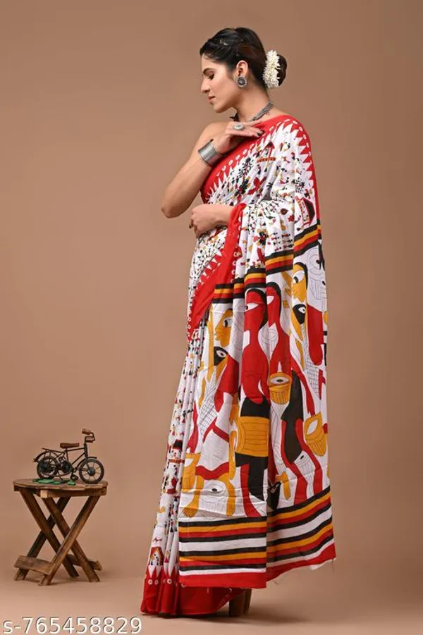 White_Orange_Cotton_Saree_For_Women