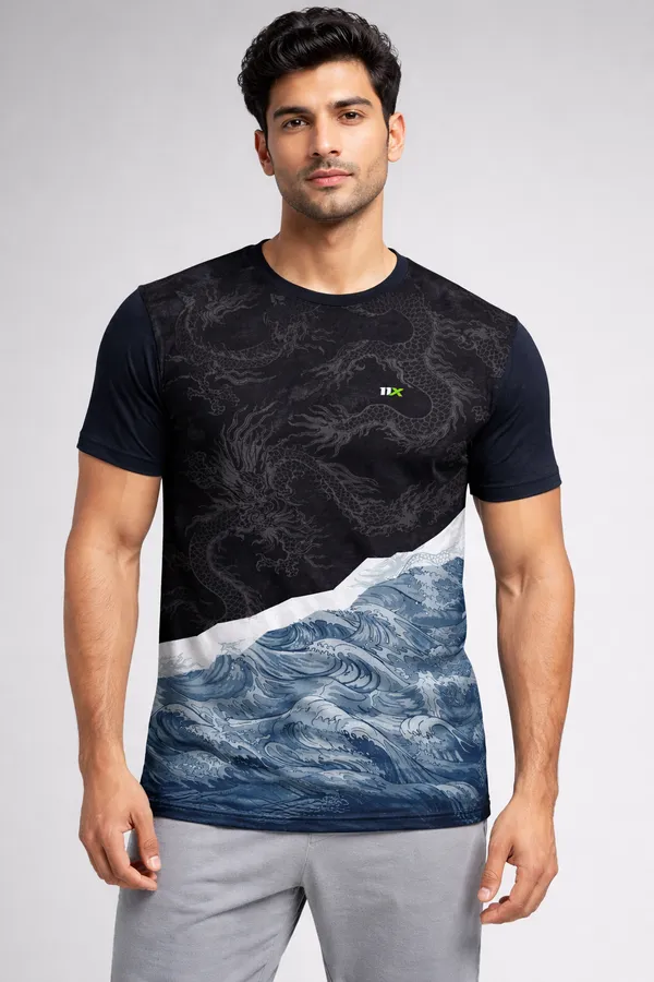 Black_And_Blue_Polyester_And_Lycra_T_Shirt_For_Men