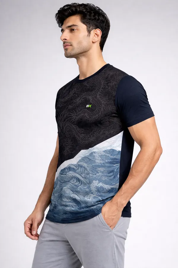 Black_And_Blue_Polyester_And_Lycra_T_Shirt_For_Men