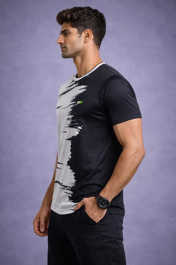 White_And_Black_Polyester_And_Lycra_T_Shirt_For_Men