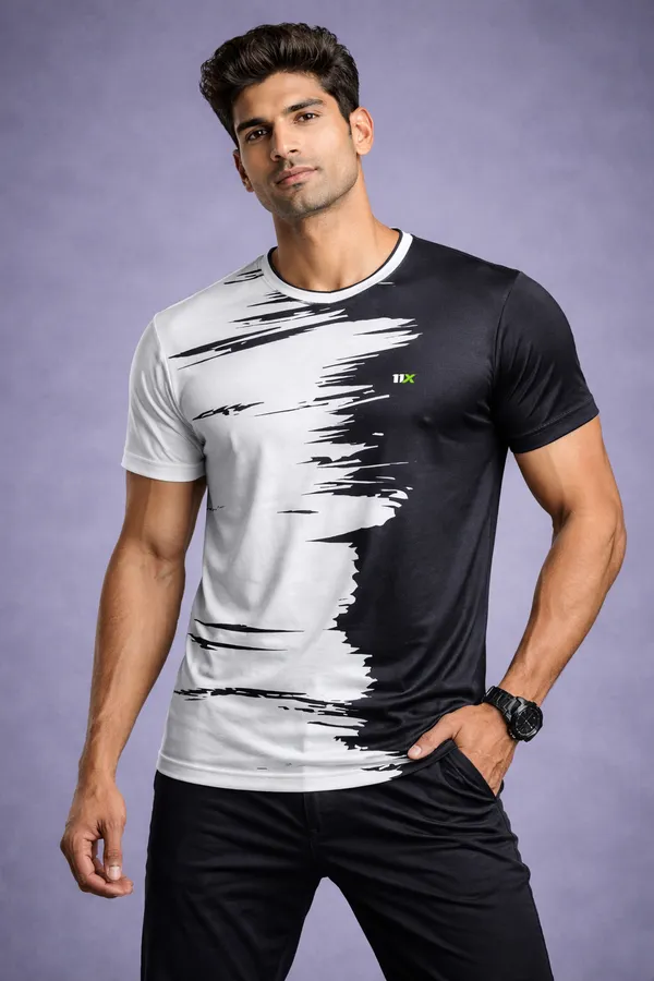 White_And_Black_Polyester_And_Lycra_T_Shirt_For_Men