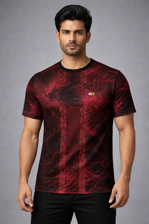 Maroon_And_Black_Polyester_And_Lycra_T_Shirt_For_Men