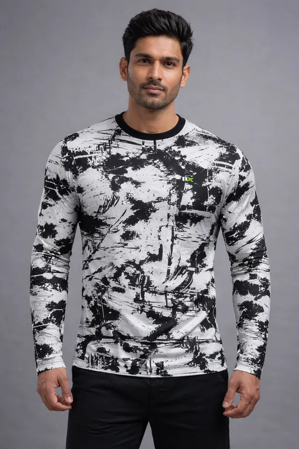 White_And_Black_Polyester_And_Lycra_T_Shirt_For_Men