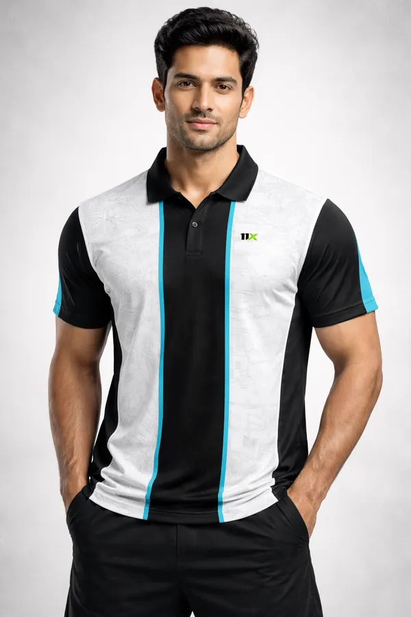 White_And_Black_Polyester_And_Lycra_T_Shirt_For_Men