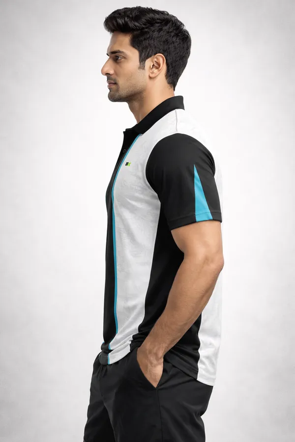 White_And_Black_Polyester_And_Lycra_T_Shirt_For_Men
