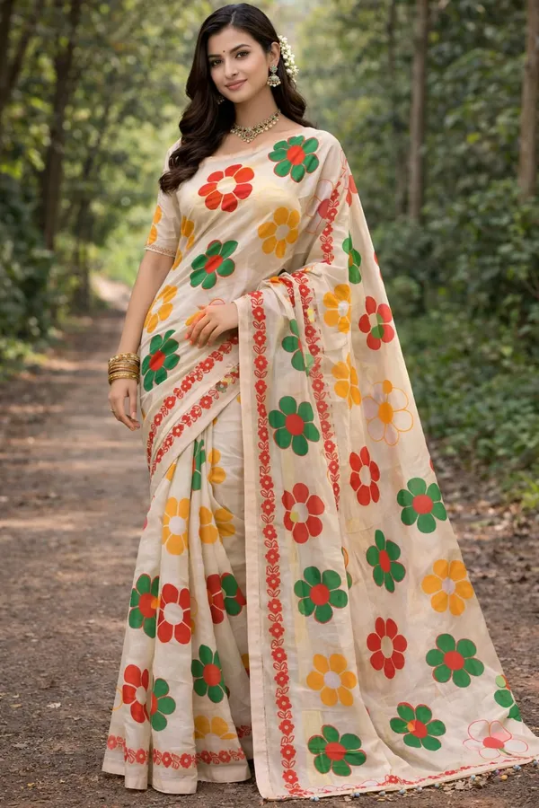 Cream_Floral_Print_Saree_With_Red_Border_-_Traditional_Indian_Ethnic_Wear