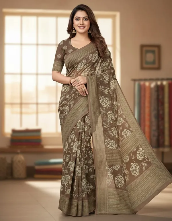 Olive_Green_Floral_Printed_Saree_With_Golden_Accents