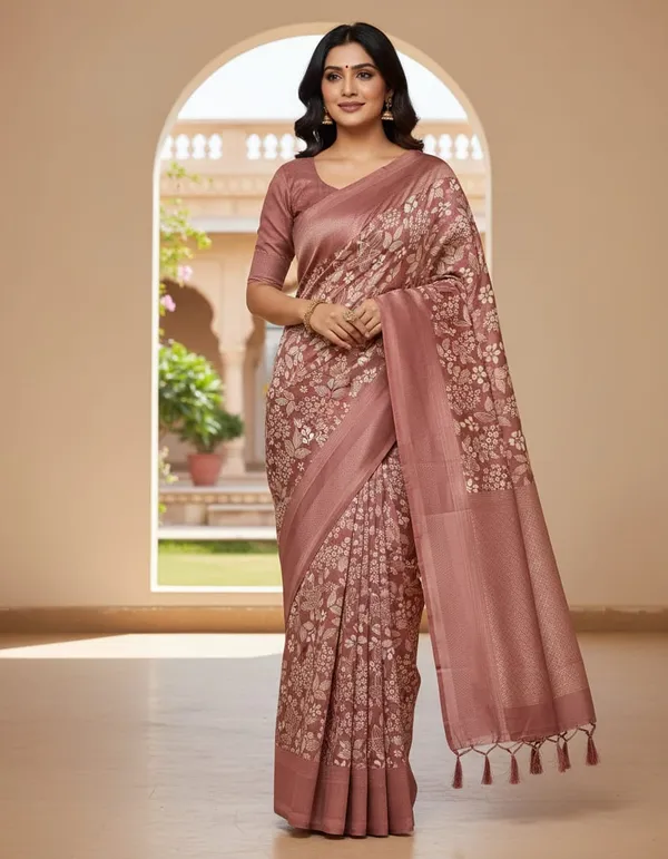 Dusty_Rose_Women_Ethnic_Saree_With_Floral_Print_And_Tassels