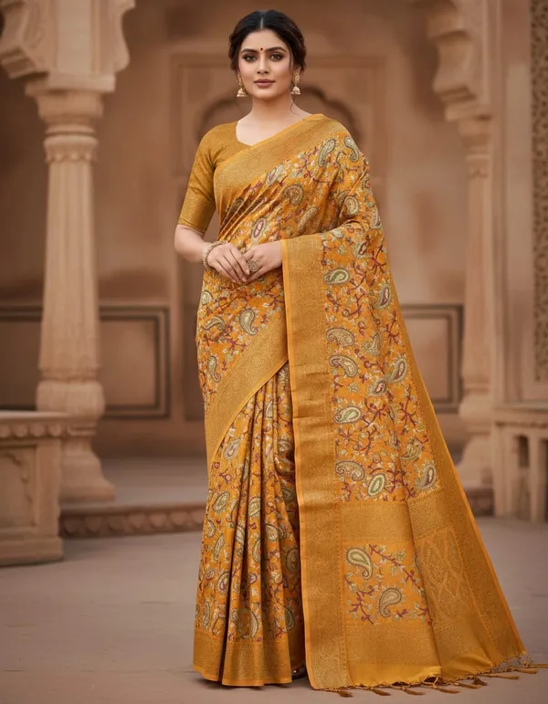 Mustard_Yellow_Floral_Printed_Silk_Saree_With_Golden_Border