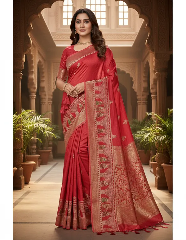 Red_Traditional_Banarasi_Silk_Saree_With_Golden_Zari_Border