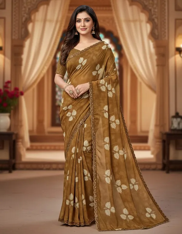 Golden_Brown_Floral_Print_Saree_With_Embellished_Border