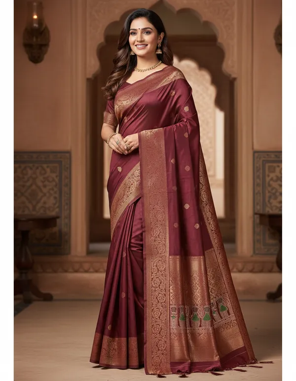 Maroon_Silk_Saree_With_Golden_Zari_Border_And_Pallu
