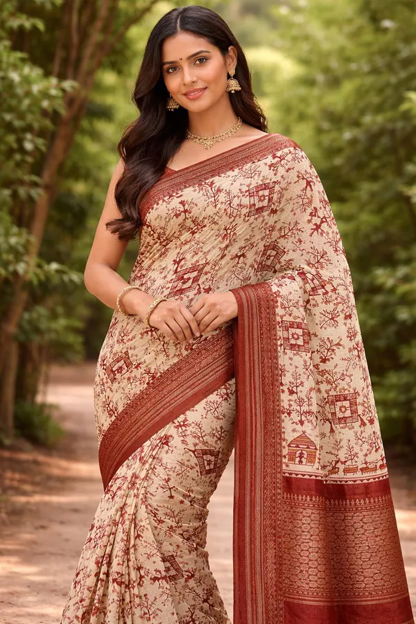 Beige_And_Rust_Elegant_Floral_Printed_Saree_With_Traditional_Border
