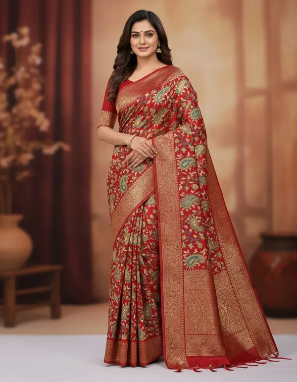Red_Banarasi_Silk_Saree_With_Golden_Floral_Weaving_And_Border
