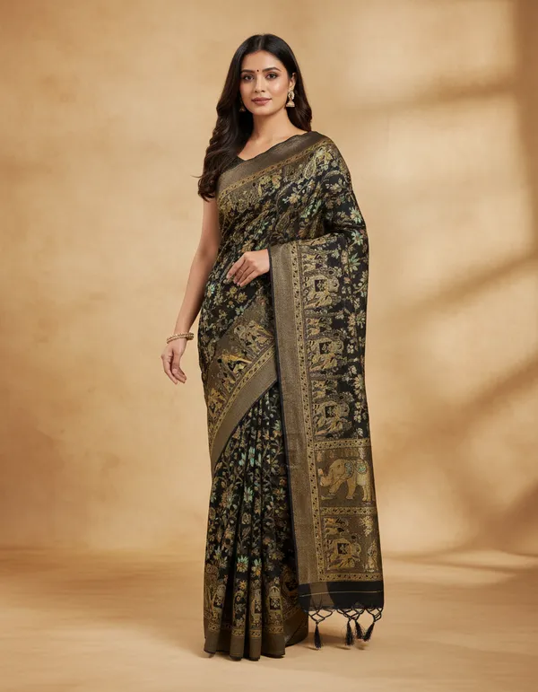 Black_&_Gold_Elegant_Banarasi_Silk_Saree_With_Traditional_Motifs